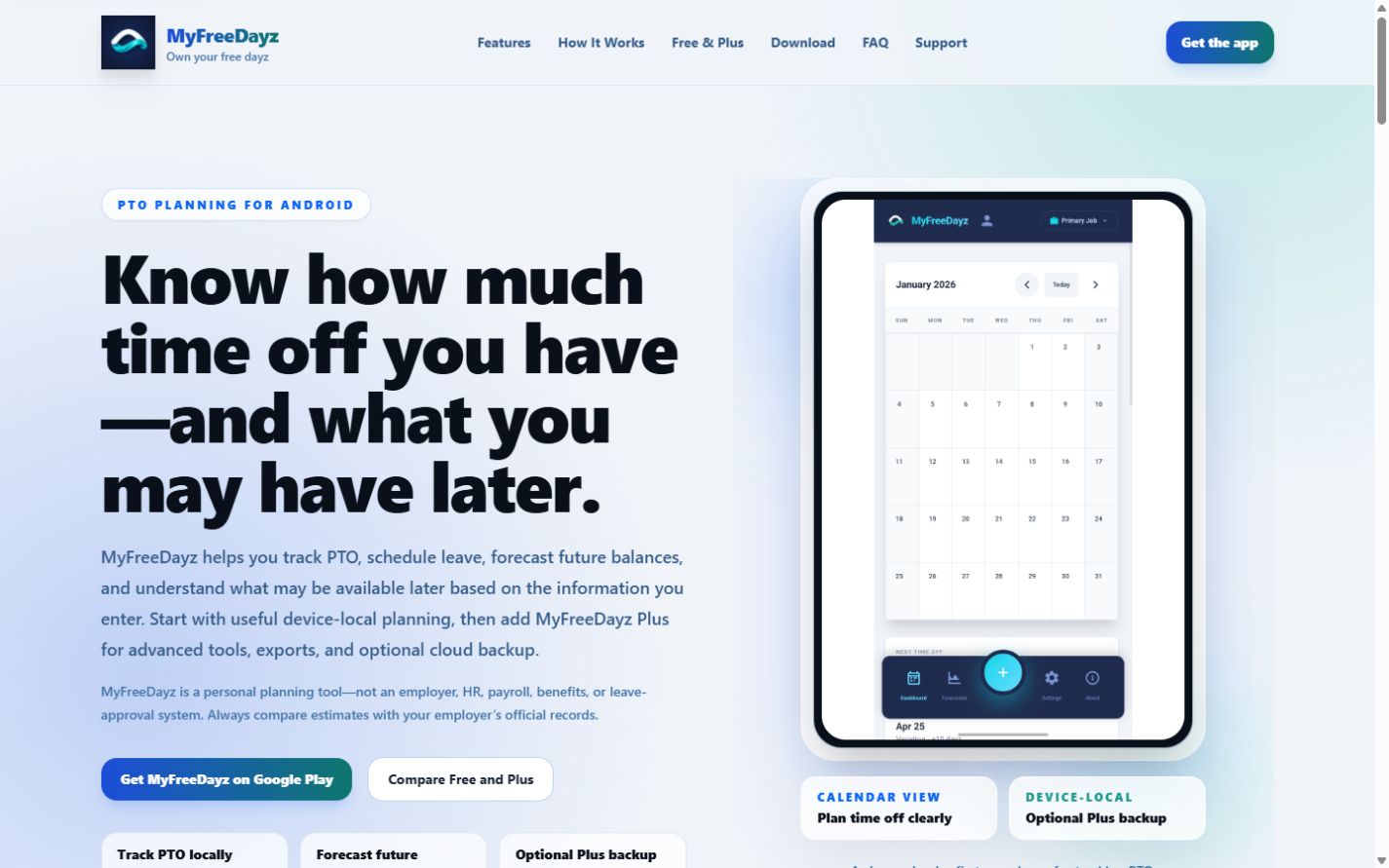 MyFreeDayz website with its PTO planning introduction, Android calendar preview, and download links