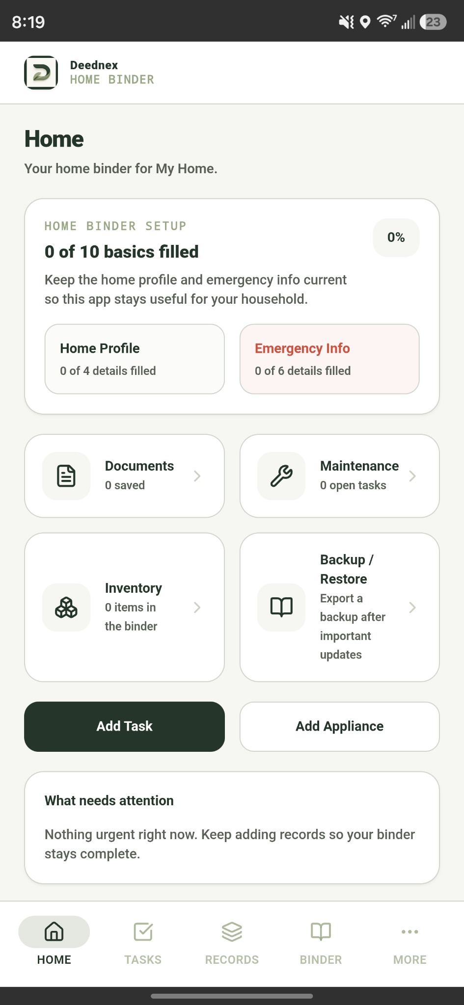 Deednex home screen