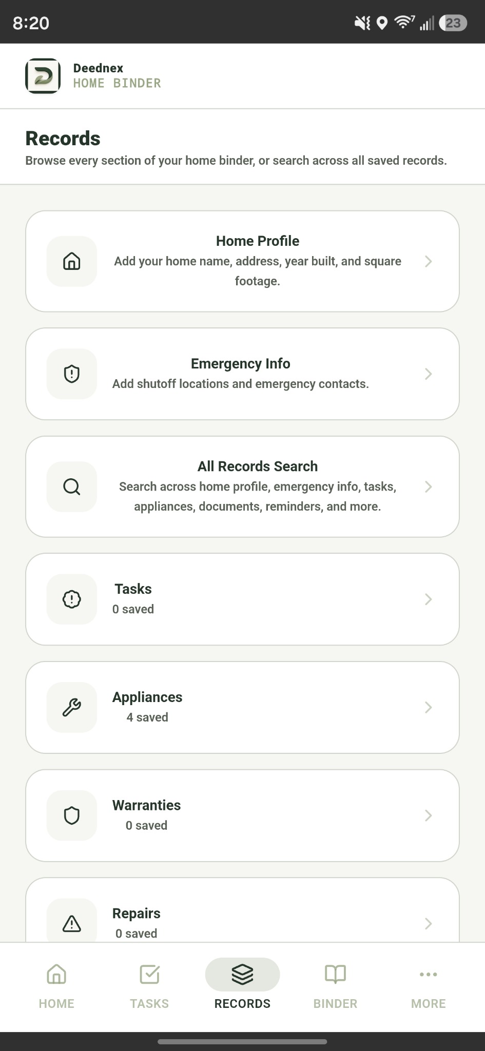 Deednex records screen
